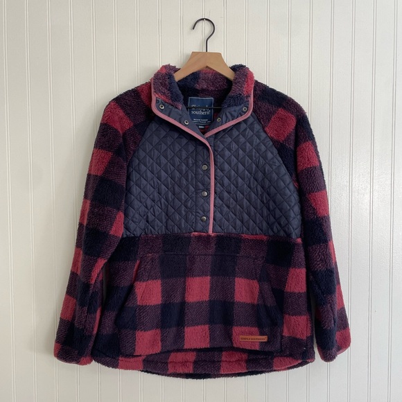 SIMPLY SOUTHERN Quilted Sherpa Fleece 1/4 Snap Henley Plaid Pullover Size S - Picture 1 of 8